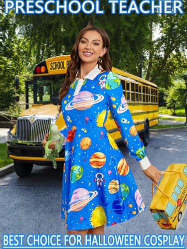 Image of Womens long Sleeve Peter Pan Collar Aline Dress for Halloween Role Play Party Teacher Costume with Bus Bag