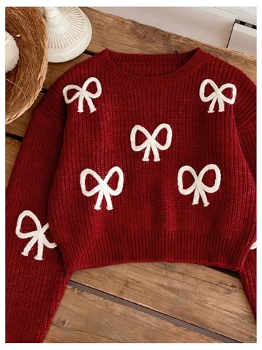 Image of BEAUDRM Girl's Cute Bow Sweater Crew Neck Long Sleeve Drop Shoulder Loose Pullover Tops