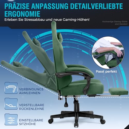 Sedia da gioco, traspirante, sedia da ufficio, ergonomica, in tessuto di alta qualità, ergonomica, schienale regolabile a 160°, poggiapiedi estraibile, verde - Sedia gaming - Immagine 8