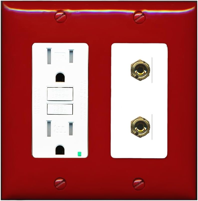 RiteAV 2 Banana 1 Speaker Surround Female Coupler Binding Post Wall Plate - GFCI Outlet [Red/White]
