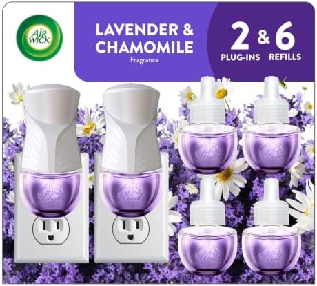 Air Wick Plug in Scented Oil Starter Kit, 2 Warmers + 6 Refills, Lavender & Chamomile, Eco Friendly, Essential Oils, Air Freshener