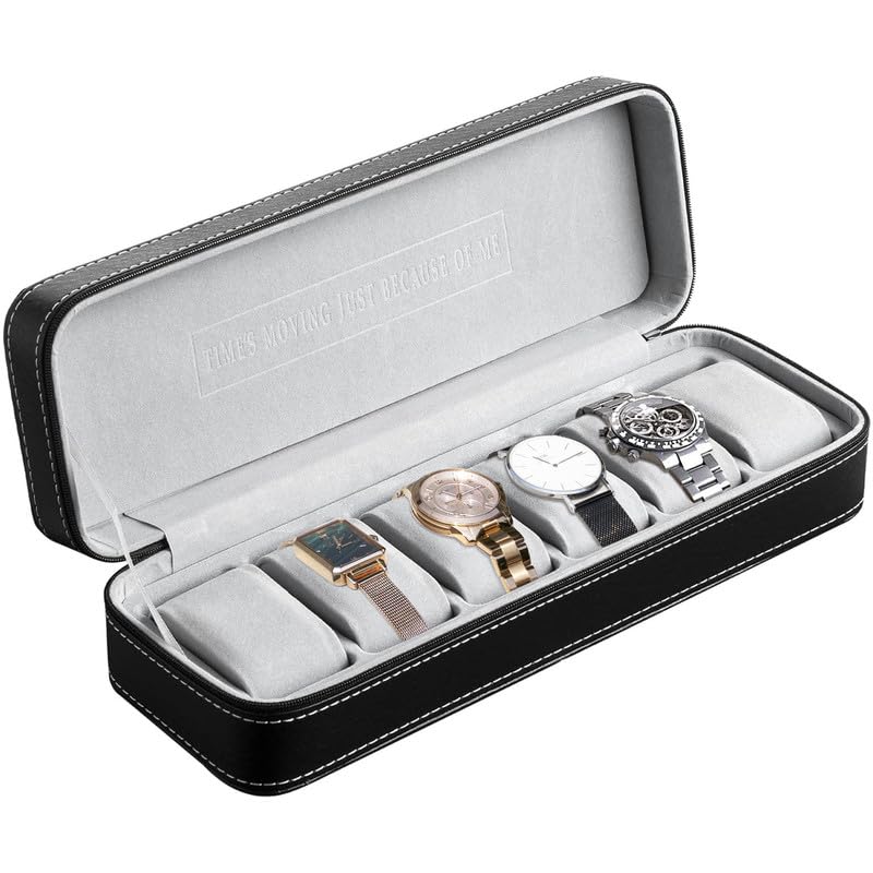 OSVINO OSVINO Caja Relojes de Viaje 6 Negro Relojero Organizador Hombre Almohada Extraíble Forro de Terciopelo Estuche Relojes Cierre de Cremallera Cuero Sintético