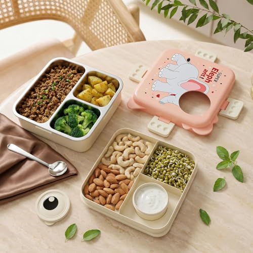Image of TEKCOOL Kids Lunch Box for School, Stainless Steel Insulated Tiffin Box with Spoon, Leak Proof 3 Compartments Bento Box, BPA Free Food Grade Lunch Box for Kids, 1120 ml + 70 ml (Pink, Super Elephant);