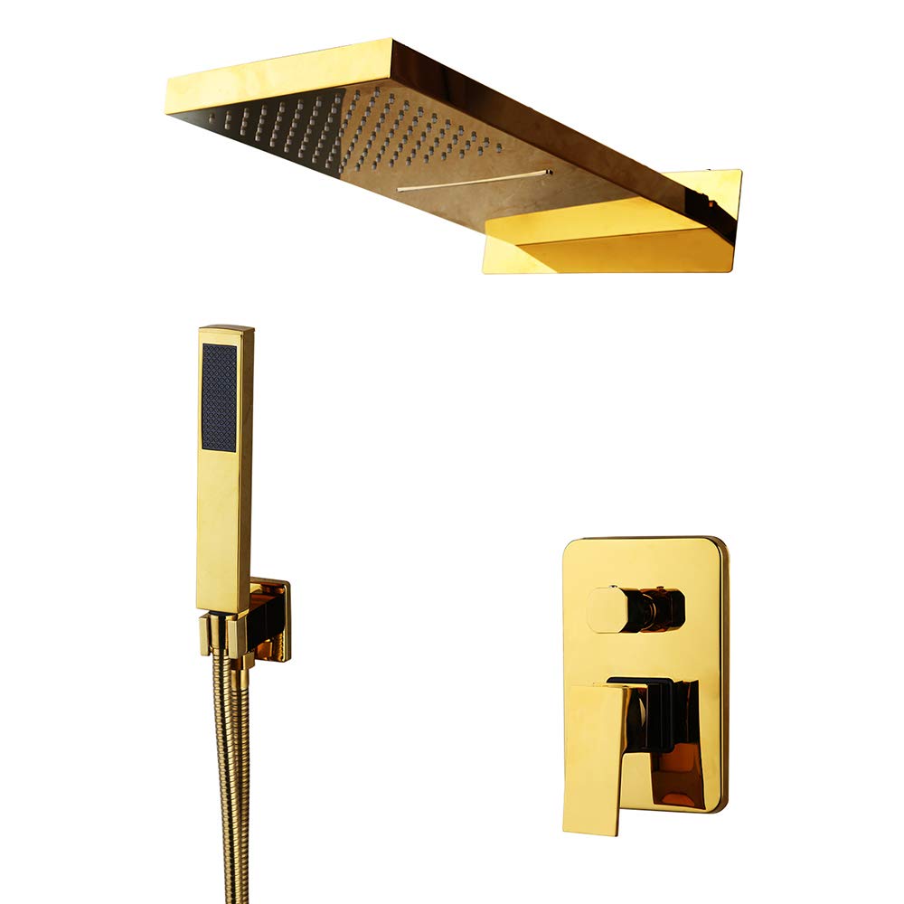 SWENEEN Handheld Showershower System With High Pressure Waterfall Rain Shower Head,Handheld Shower And Shower Faucet Valve,Wall Mounted Bathroom Luxury Rain Mixer Shower Combo Se,Gold
