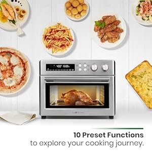 Infrared heating air fryer toaster oven extra large countertop convection oven 10 in 1 combo 6 slice toast enamel baking pan easy clean with recipe book brushed stainless steel finish  urban country home decor