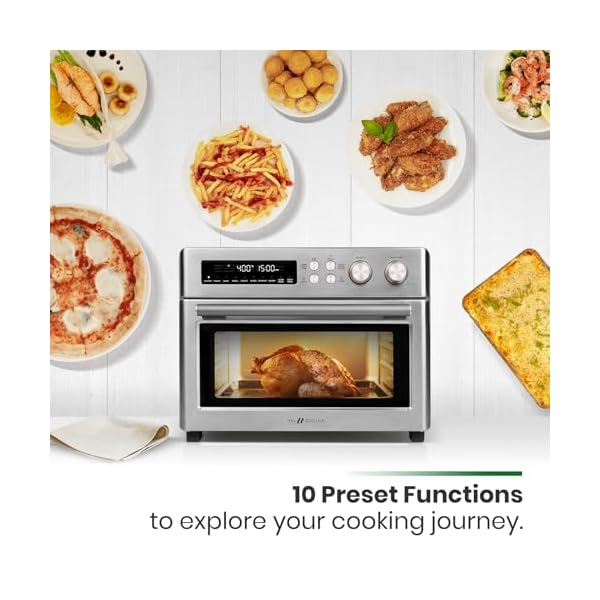 Infrared heating air fryer toaster oven extra large countertop convection oven 10 in 1 combo 6 slice toast enamel baking pan easy clean with recipe book brushed stainless steel finish  urban country home decor