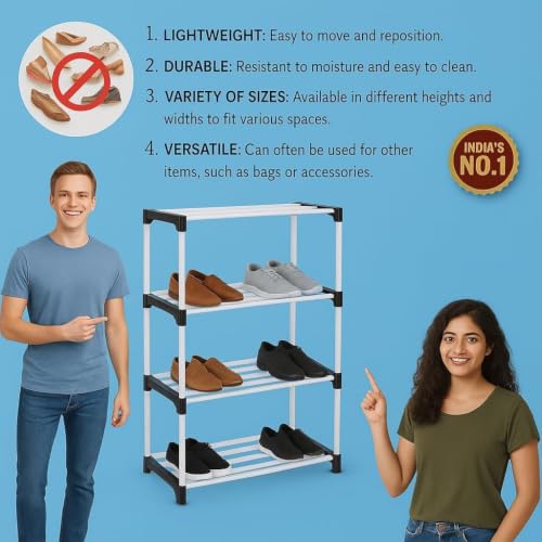 Image of Shoe Rack 4 Layer with Shelf, Thick Strong Pipes for Heavy Load Multipurpose Organizer Rack Shoe, Cloth & Book Storage Shelf for Home, Balcony, Living Room & Workspace