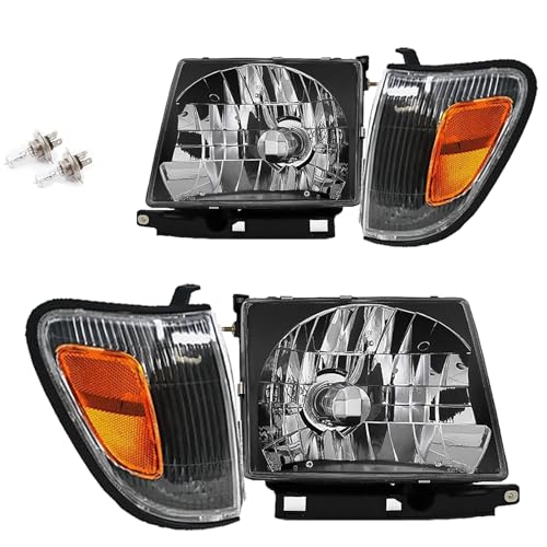 4Pcs Headlight Corner Light Assembly For 1997 1998 1999 2000 Toyota Tacoma Halogen Head Light Headlamp with Bulbs Driver & Passenger Side Replace Black Housing Amber Corner
