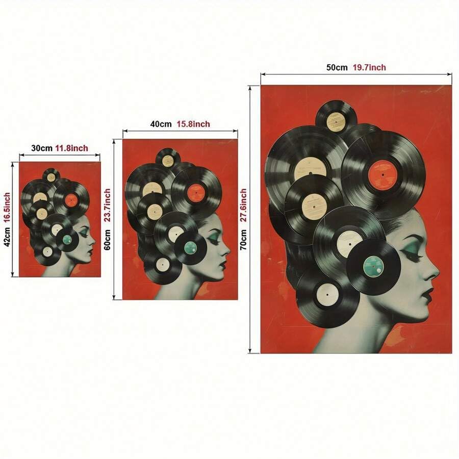 Poster su tela con dischi in vinile retrò anni '50, stile Art Déco classico contemporaneo, stampa artistica di una donna con inchiostro per decorare le pareti della casa (80x140 cm/senza cornice)