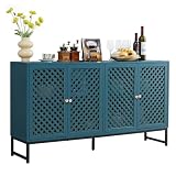 Farmhouse Sideboard Buffet Cabinet with Storage,Accent 4 Door Storage Cabinet with Visualized Grid Door,57” Wood Buffet Coffee Table for Dining Room Living Room (Blue)