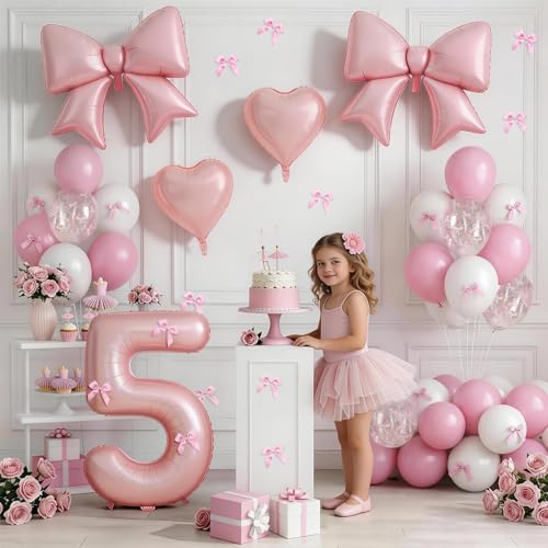 Image of 5th Birthday Decorations for Girl,Pink 5 Balloons for Party Decorations | 5 Year Old Birthday Decoration,Anniversary Party Decor,Pink White Balloons,Bow Print Balloons,Heart Balloons