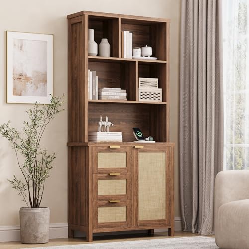 Yanosaku Bookcase with Drawers, 71" Tall Bookshelf with Charging Station, Floor Standing, 5 Storage Cubes, Open Bookcase and Bookshelf, Rattan Bookcase with Doors, for Home Office, Living Room, Walnut