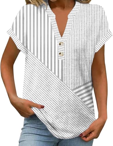 Womens Striped Henley Summer Tops V Neck Button Dressy Casual T Shirts Blouses 2025 Trendy Clothes