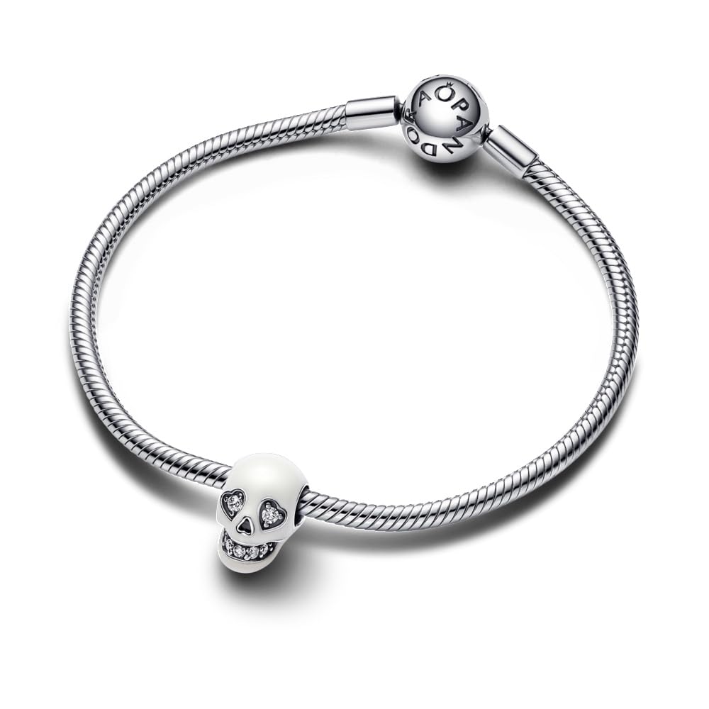 PANDORA Ciondolo in argento Sterling Moments a forma di teschio con zirconia cubica trasparente e smalto bianco che si illumina al buio