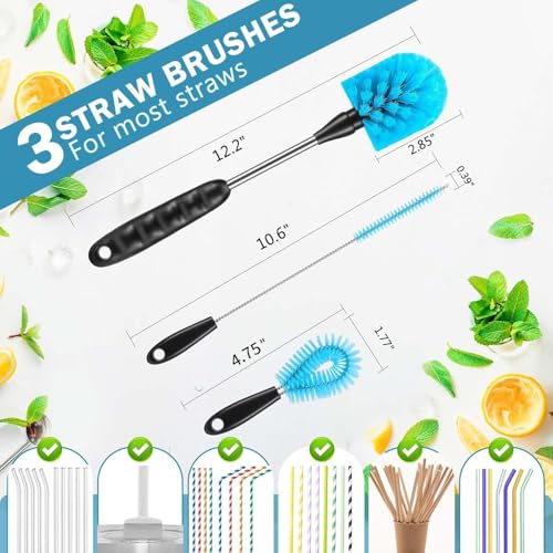 Image of Bottle Cleaner Brush Set, 3 Pcs Bottle Cleaning Brushes with 15 Inch Long Handle, Straw Brush & 3-in-1 Lid Cleaner for Water Bottles, Baby Bottles, Tumblers, Thermos, Flasks & Mugs