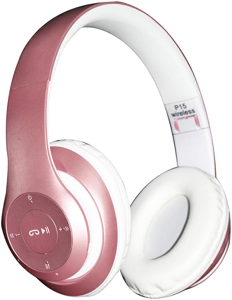Bluetooth Over-ear, 4 in 1 P15 Bluetooth Wireless Headset Foldable Headphone with Microphone with Mic/FM/TF Card/AUX for PC TV Smart Phones & Tablets (Rose Gold)