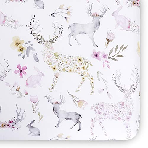 Image of Oilo Crib Sheet, Breathable 100% Turkish Cotton Fitted Jersey, 300 Thread Count, Machine Wash, Fits Standard Crib (28 inch x 52 inch x 6 inch), Toddler Bedding, Girl, Boy, & Neutral Nursery Design, Woodland Fawn