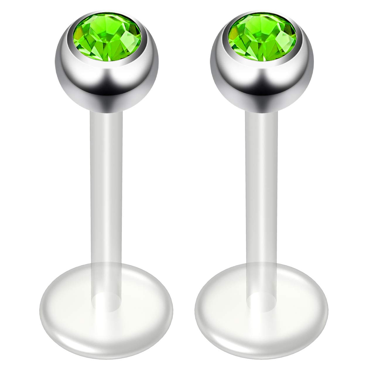 Bling Piercing2pc 16g 1.2mm Peridot CZ Gem Bioplast Labret Bar Flexible Lip Stud Clear BioFlex Hypoallergenic Jewellery 10mm