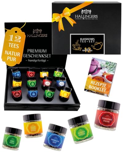 Hallingers Genuss Manufaktur Tee Geschenkset - 12 Sorten Premium loser Tee im Glas in edler Geschenkbox, vegan & glutenfrei, Tee Set 'Klassiker' Probierset, Geschenkidee für Frauen,...