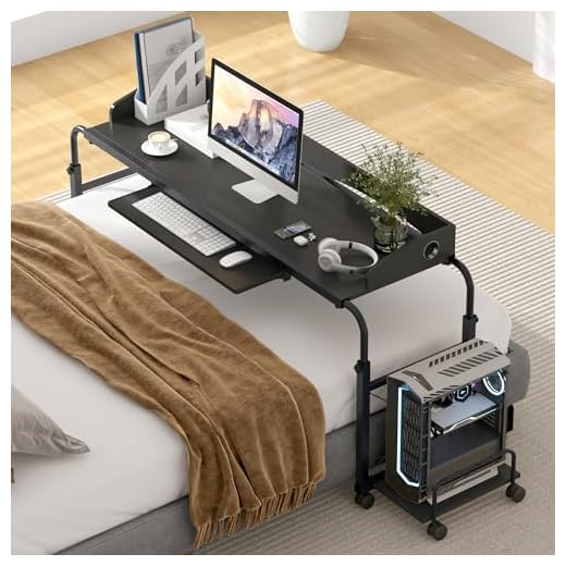 sogesfurniture Overbed Table with Wheels,Height & Length Adjustable Mobile Table 55 inches Works as Laptop Cart Computer Table Hospitable Bed Table Nursing Table Drafting Table,Black