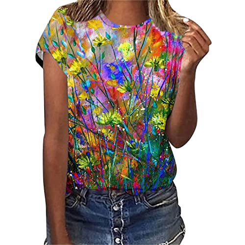 T-shirt de randonnée pour femme - Décontracté - Tops d'été - Floral à manches courtes - Col rond - T-shirt imprimé animal - Fente latérale lâche - Tunique Engelbert femme, jaune, S