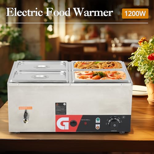 Takywep 4 Pans Commercial Food Warmer - 4 x 4.7QT, 1200W Electric Steam Table, Professional Countertop Stainless Steel Buffet Bain Marie, 86-185°F Temp Control, Ideal for Catering and Restaurants - Thumbnail 5