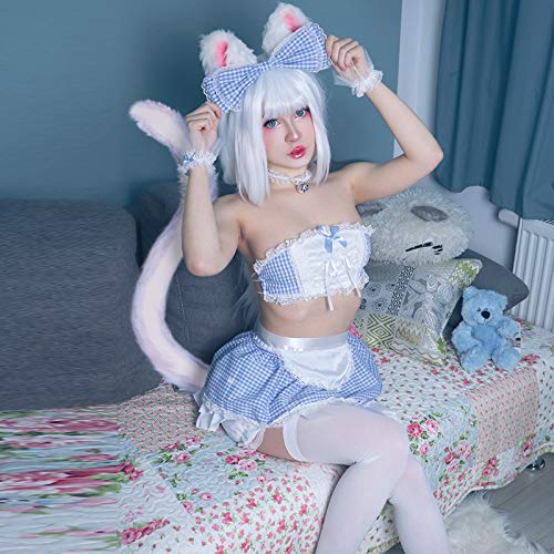 YOMORIO Anime Maid Uniform Cute Bule White Tartan Lingerie Sexy Cosplay Costume (Blue) - Image 3