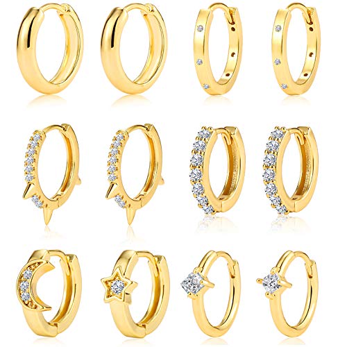 6 Pairs Huggie Hoop Earrings Sets for Women Girls 18K Real Gold CZ Hypoallergenic Dainty Tiny Hoop Earrings Gift for Her