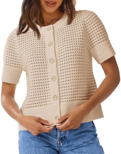 Saodimallsu Womens Crochet Short Sleeve Cardigans Button Up Crew ...