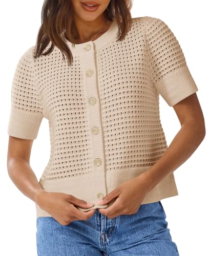 Image of Saodimallsu Womens Crochet Short Sleeve Cardigans Summer Beach Sweater Top