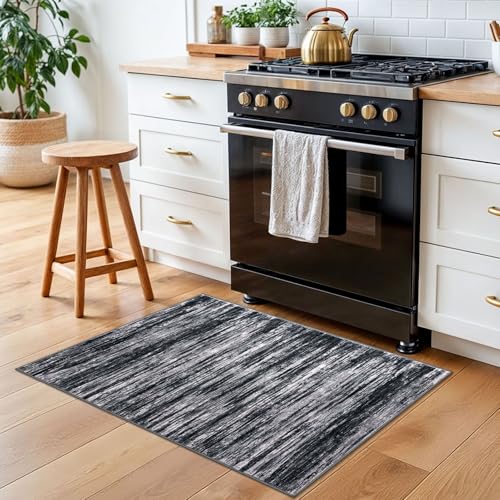 2x3 Black Navy Blue White Modern Abstract Rug for Entryway, Super Soft Small Area Rug, Washable Non-Slip Kitchen Rugs, Low-Pile Mat Carpet for Bedside, Indoor Door Mat