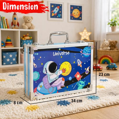 Image of WISHKEY 145 Pieces Art Set for Kids with Space Theme Storage Case, Art and Craft Supplies Kit for Drawing and Painting with Oil Pastel, Water Color, Color Pencils, Sketch Pen (Pack of 1, Blue)