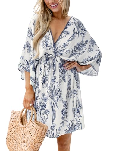 CUPSHE Women's Plunging V Neck Backless Beach Dress Paisley Boho Blouson Sleeve Back Tie Waist Tie Mini Summer Dresses