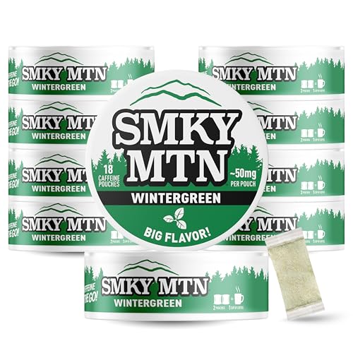 Smokey Mountain Caffeinated Pouches - Wintergreen - Tobacco Free and Nicotine Free - 10 Can Box - 15 Pouches Per Can