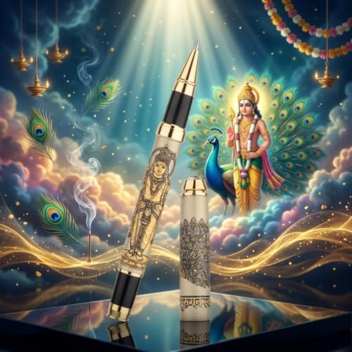 Image of Lord Murugan Etched Premium Metal Pen | Kartikeya, Skanda & Subramanya Divine Roller Ball Pen | Spiritual Hindu Gift for Men, Women, Teachers & Professionals