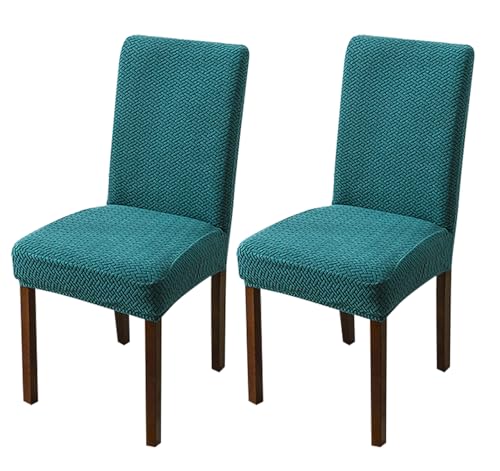 Image of House of Quirk Elastic Jacquard Chair Cover Stretch Removable Washable Short Dining Chair Cover Protector Seat Slipcover (Pack of 2, Teal)