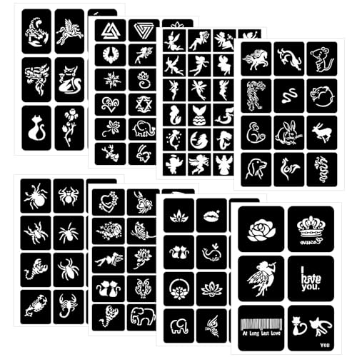 8 Hojas de Plantillas para Crear Diseños en la Piel, Insectos, Animales, Hadas, Símbolos, 108 Plantillas Brillantes como Herramienta para Arte Corporal Temporal
