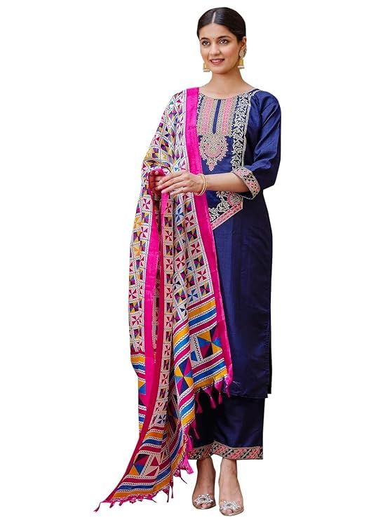 DREAMANGEL FASHIONWomens Silk Blend Embroidered Traditional wear Indian Style Straight Kurta with Pant and Dupatta