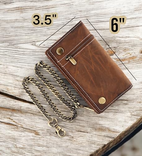 F&L CLASSIC Leather Chain Wallet for Men - RFID Blocking Snap Closure Biker Wallet with Steel Chain for Truckers,USA,brown,420-202