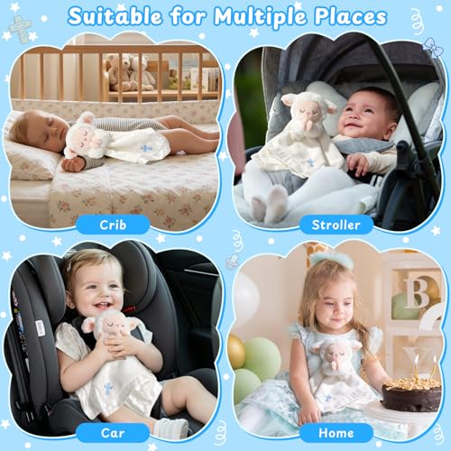 Image of Lamb Baptism Blanket, Lamb Loveys for Baby Boys, Security Blanket with Embroidered Blue Cross, Soft Baby Blanket for Newborns Toddlers, Baptism Gifts for Christening Baby Showers, 12in