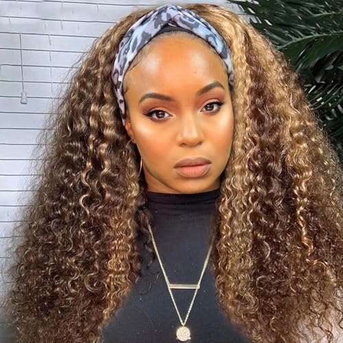 Image of Ombre Headband Wig Human Hair 4 /27 Highlight Kinky Curly Glueless Wig 24 In