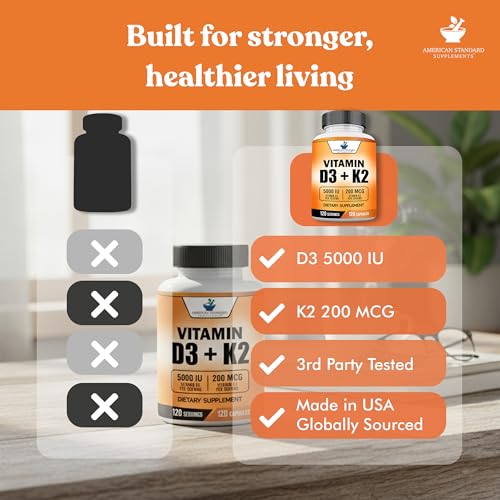 Image of American Standard Supplements Vitamin D3 5000 IU (125mcg) Plus Vitamin K2 (MK7) 200mcg Per Capsule - Gluten Free, Non-GMO, 120 Capsules, 120 Servings, 120 Day Supply (Pack of 2)