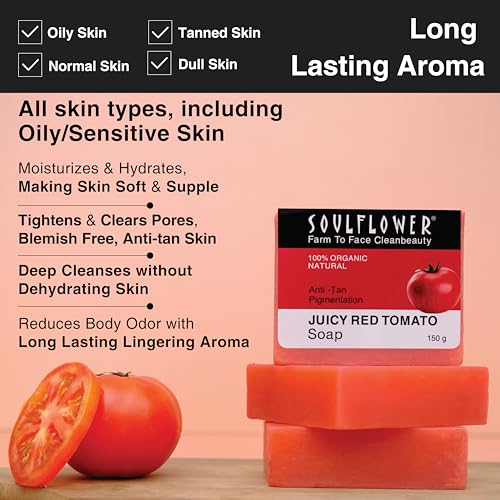 Image of Soulflower Tomato Soap Tan Removal, Skin Acne, Pimple, Blemishes, Fine Lines, Wrinkles | Handmade, Premium, Nautral, Bathing Soap | Tomato, Beetroot Extract, Olive Oil, Castor Oil, Vitamin E | 150g