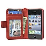 Navor Folio Wallet Case for iPhone 4 4S Pockets for Cards & Money, Clear Window Slot for License ID (RED)