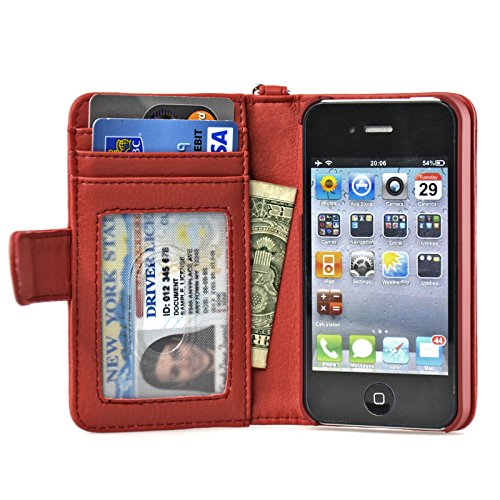 Navor Folio Wallet Case for iPhone 4 4S Pockets for Cards & Money, Clear Window Slot for License ID (RED)