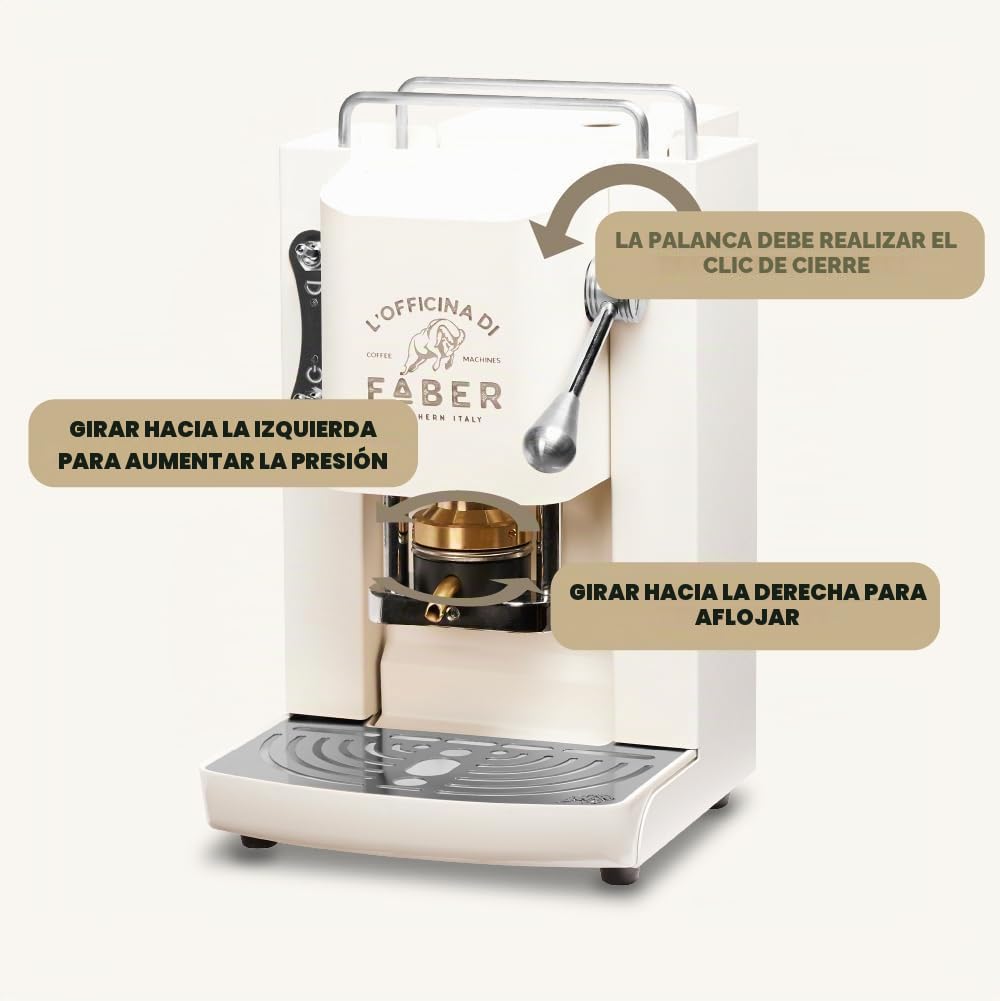 FABER COFFEE MACHINES | Modelo Pro Deluxe | Cafetera monodosis ese 44 mm | acabados cromo | Prensacialda de latón (Pure White)