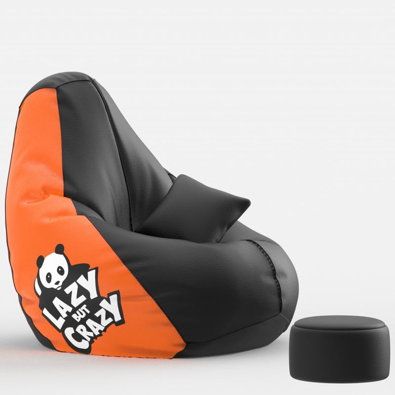 Image of Biggie Bean Bag Chair 4XL with Beans Filled-Pop Prints-Printed Designer Bags-Where Prints Meet Personality with Free Cushion & Footrest (Matching Color : Printed, Lazy But Crazy - Black Orange)