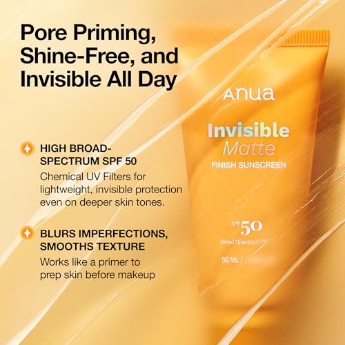 Image of Anua Invisible Matte Finish Sunscreen, Broad Spectrum SPF50, Clear Gel, Non Comedogenic UV Filters, All Skin Types, Lightweight Poreless Primer, Korean Skincare, 1.69 fl. oz