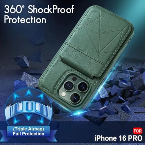Image of amazon basics Premium Vegan Leather Back Cover with Card Holder and Integrated Mobile Stand for iPhone 16 Pro - Slim Shockproof Wallet Case with Geometric Stitching [Green]