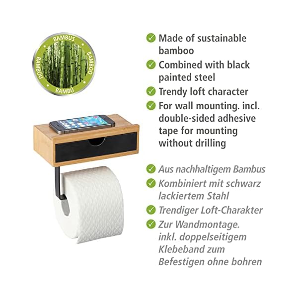 WENKO Toilettenpapierhalter Bambusa mit praktischer Ablage aus hochwertigem Bambus, Schublade für Feuchttücher, Halter zur Wandmontage, inkl. Befestigungsmaterial, 18,5 x 14 x 10,5 cm, Natur/Schwarz – Bild 4